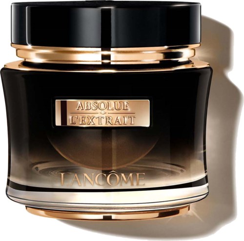 Luksusowy czarny słoik z złotymi zdobieniami, oznaczony 'Absolue L'Extrait' od Lancôme, wygląda na produkt do pielęgnacji skóry.
