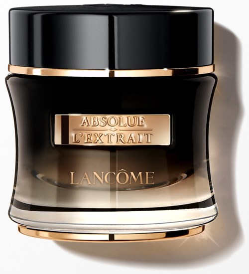 Czarna słoik z złotymi akcentami i złotą etykietą z napisem 'Absolute L'Extrait' od Lancôme.
