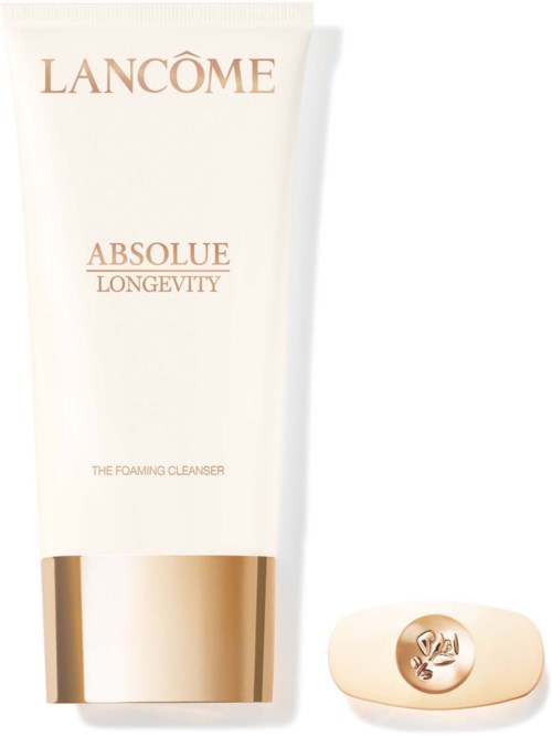 Lancôme Absolue Longevity rengöringsgel i tub med guldlock och en tvålbar med roslogo.