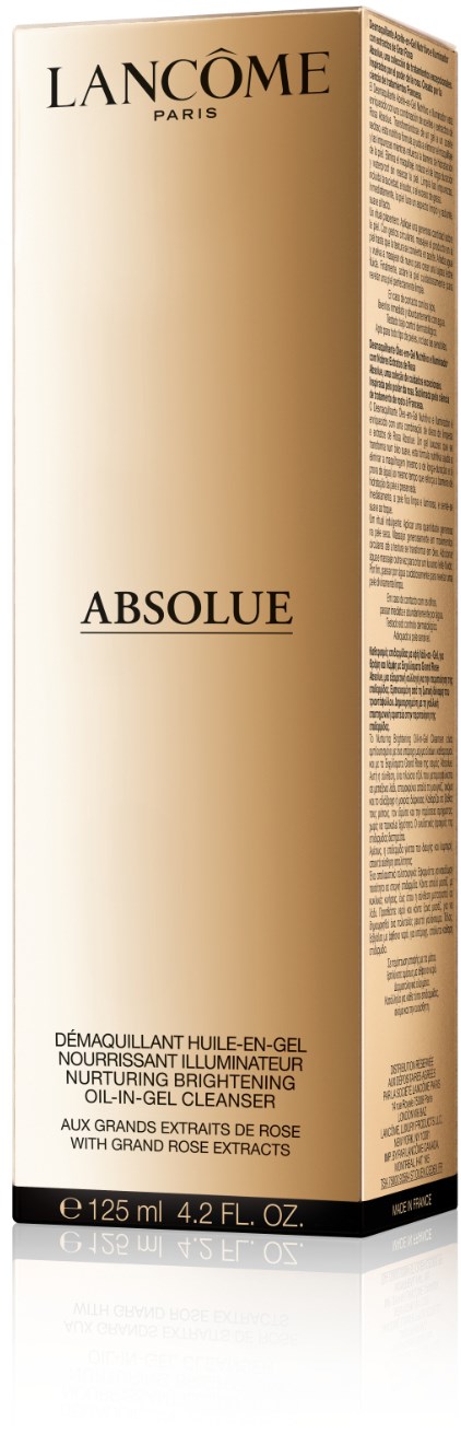 Długie, eleganckie opakowanie w kolorze złotym i czarnym, zawiera produkt do pielęgnacji skóry Lancôme Absolue. Tekst zawiera szczegóły produktu i pojemność.