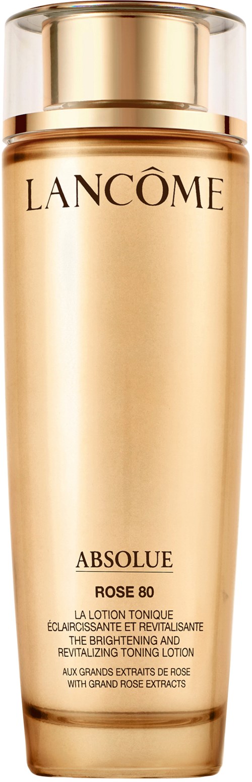 En lång, guldfärgad flaska med varumärket Lancôme och produktnamn Absolue Rose 80 på.