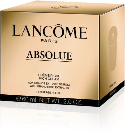 A gold and black box with Lancôme branding, mentions rich cream, rose extracts, and a 60 ml size. Refill available.