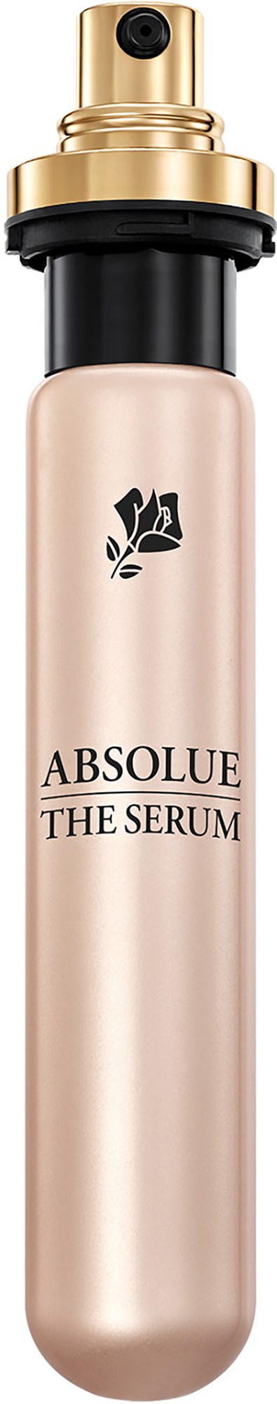 En serumflaska med guldlock, svart spraytop och ljusrosa kropp, märkt 'ABSOLUE THE SERUM'.