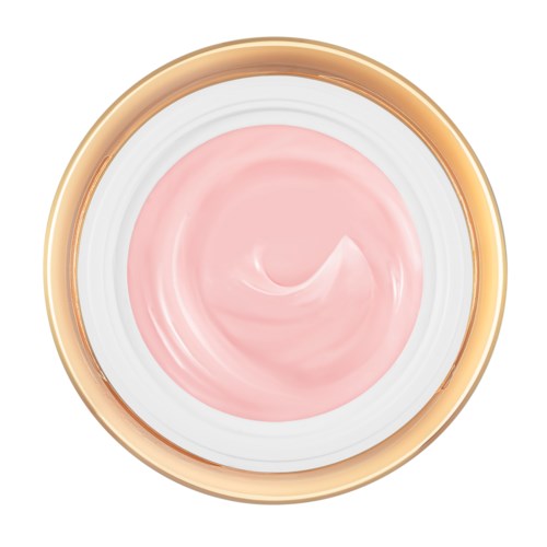 En liten behållare med rosa kräm inuti, omgiven av en guldrand. Krämen ser slät och mjuk ut.