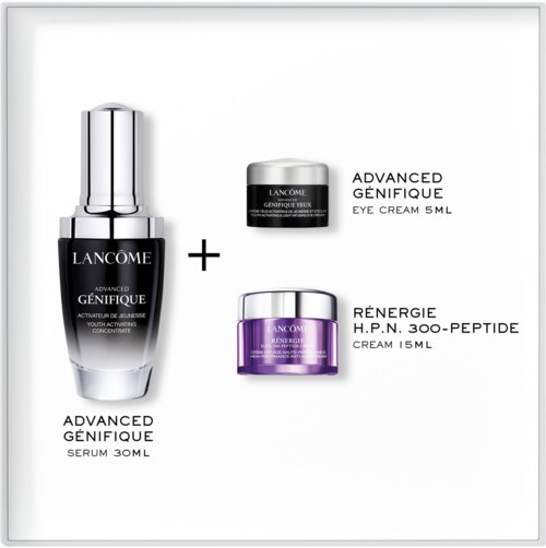 Ein Hautpflege-Set mit Serum, Augencreme und einem lila Behälter, bezeichnet Lancôme Advanced Génifique und Rénergie.