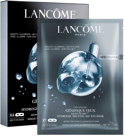 Lancôme ögonmaskins förpackning i blått och svart, med vatten droppar och produktnamn.