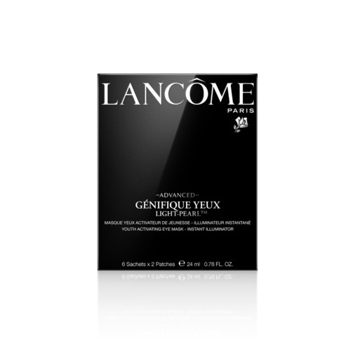 Lancôme ögonmask paket, svart förpackning med vit text, erbjuder ungdomsfrämjande ögonmask, 6 påsar, 24 ml.