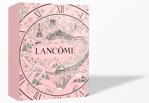 Pinkat lancome-produktskydd med en klocka, tåg, berg och landmärken samt varumärkesnamn i mitten.