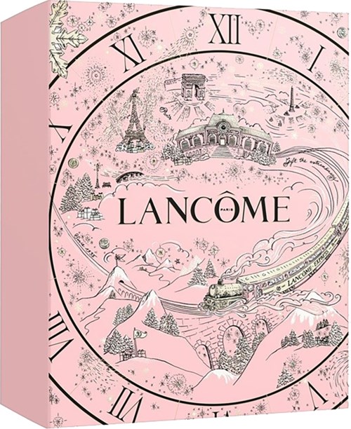 En rosa Lancôme-annons med en klocka, Paris-landmärken, ett tåg, berg och snöflingor.