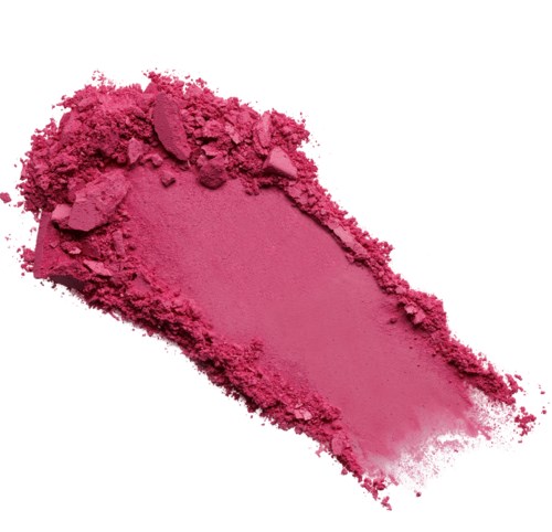 Rosa pulverfärgad makeup eller pigment, spridd ojämnt på vit bakgrund.