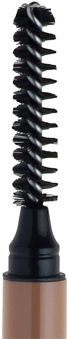 Ett brunt rör med en svart spiralborste för att applicera makeup eller mascara.