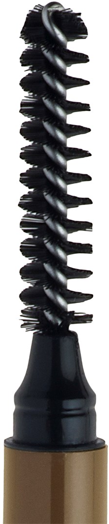 En svart mascara-borste med borst, fäst vid ett rör, används för ögonmakeup.