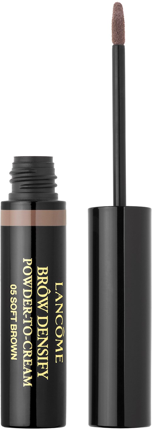 En brun ögonskuggtub med en applikator, märkt 'Lancôme,' 'BROW DÉFINISY' och '05 SOFT BROWN,' visar en makeupprodukt.