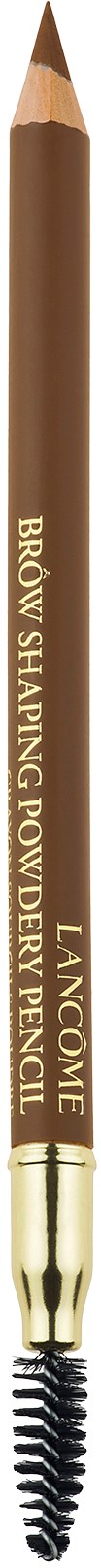 En brun øjenbrynspen med en spoolie-børste i den ene ende og gulddetaljer, mærket "LANCÔME" og "BROW SHAPING POWDERY PENCIL."