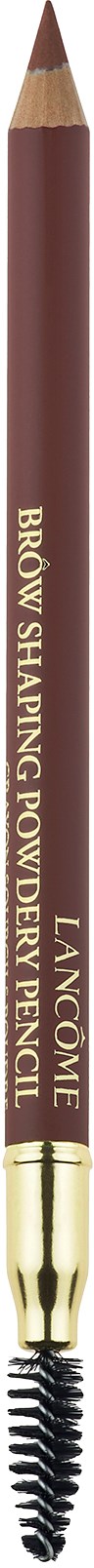 En brun øjenbrynspen med en børste i den ene ende, mærket 'Lancôme' og 'Brow Shaping Powdery Pencil'.