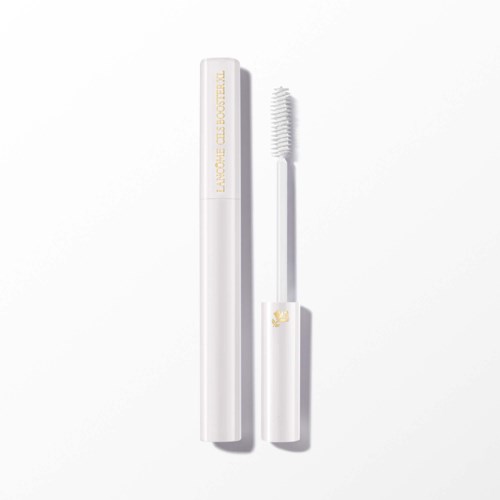 A white mascara tube with golden text and a white mascara wand with a rounded brush.