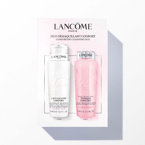 Två hudvårdsflaskor, en vit och en rosa, visas med en reklambakgrund. Märket är Lancome.