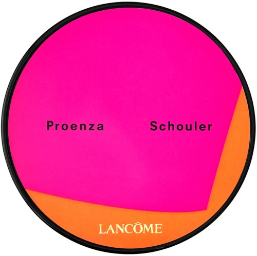 En rosa makeup-palett med namnen Proenza och Schouler och en orange sektion med Lanc2me-varumärke.