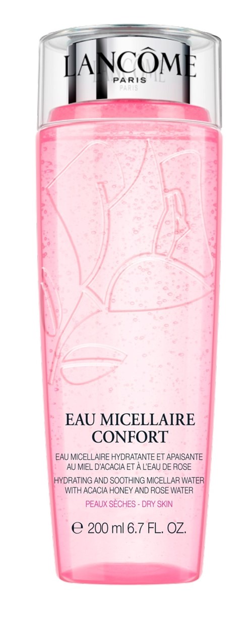 En rosa flaska från Lancôme Eau Micellaire Confort med klart lock och vatten inuti, märkt som en återfuktande makeupborttagare.