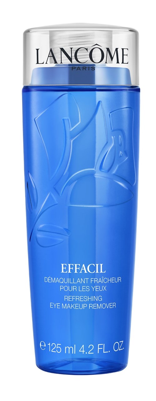 Blå flaska med Lanc40me ögonmakeup-remover med genomskinlig lock, märkt 'Effacil'.