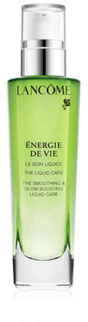 En lång, grön flaska med silverlock, märkt Lancôme Energie de Vie, en flytande hudvårdsprodukt.