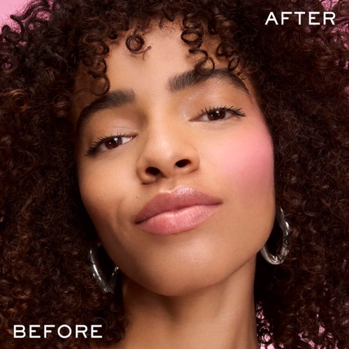 A woman with curly hair, showing her face before and after a beauty treatment, looking confident and smiling.