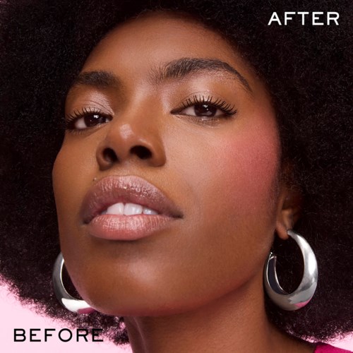 Close-up of a woman with natural hair, showing before and after makeup or skincare results. She wears large earrings.