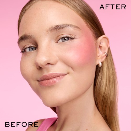 A woman shows clear skin, smooth and bright, with a slight smile against a pink background. 'BEFORE' and 'AFTER' labels are on top.
