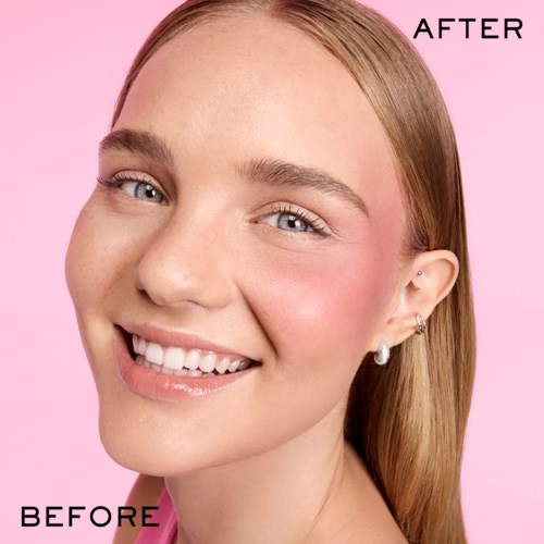 A smiling woman with clear skin, long hair, and lightly made-up face, showing before and after skincare results.