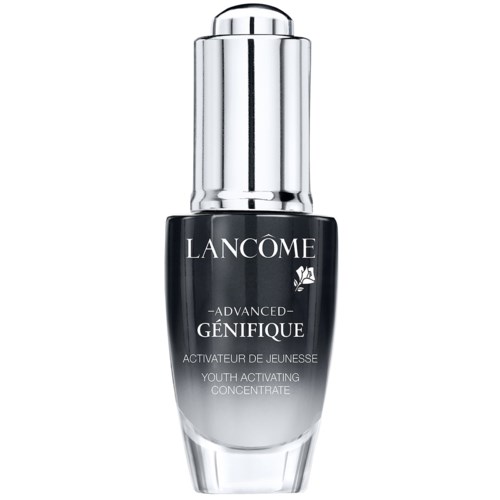 Czarna i srebrna butelka z napisem 'Lancôme Advanced Génifique Youth Activating Concentrate.'