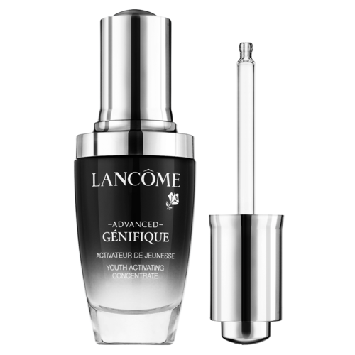 Czarna i srebrna butelka Lancôme Advanced Génifique, serum przeciwstarzeniowe, z pipetą.