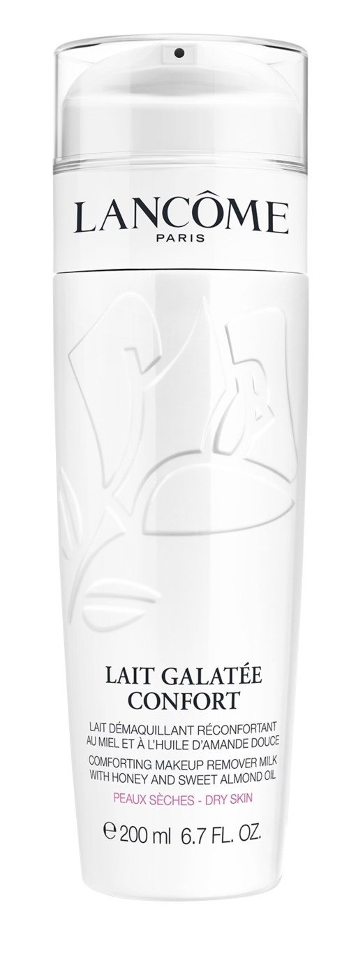 En vit flaska med genomskinlig topp, märkt 'Lancôme Paris' och 'Lait Galatée Confort,' för makeupremover, 200 ml.
