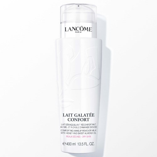 Eine weiße Flasche mit schwarzen Text und einfacher Gesichtsskizze, bezeichnet 'Lancome Lait Galatee Confort' für Make-up-Entferner.
