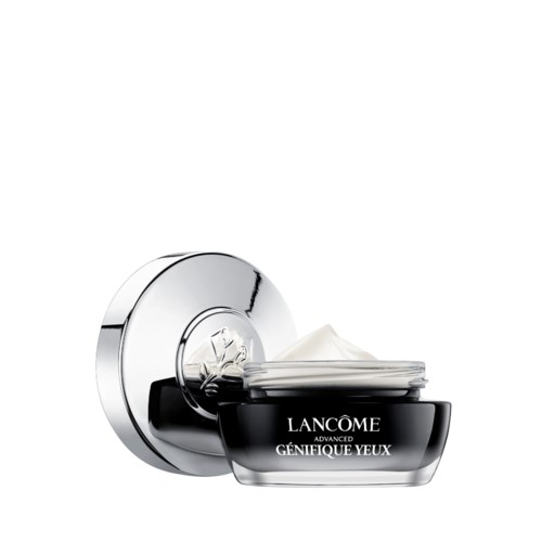 Czarna słoik oznaczony 'Lancome Genifique Yeux' z białym kremem i pokrywką w tle.