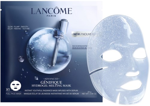 Lancôme Hydrogel Melting Mask emballasje viser et blått tema med bobler og et ansiktsmasken på høyre side.