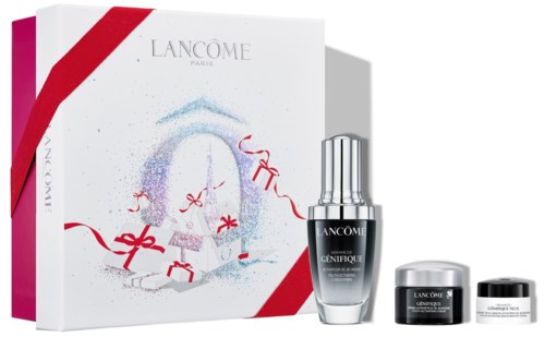 Lancôme gaveesett inkluderer hudpleieprodukter og en festlig eske med bånd og gaver.