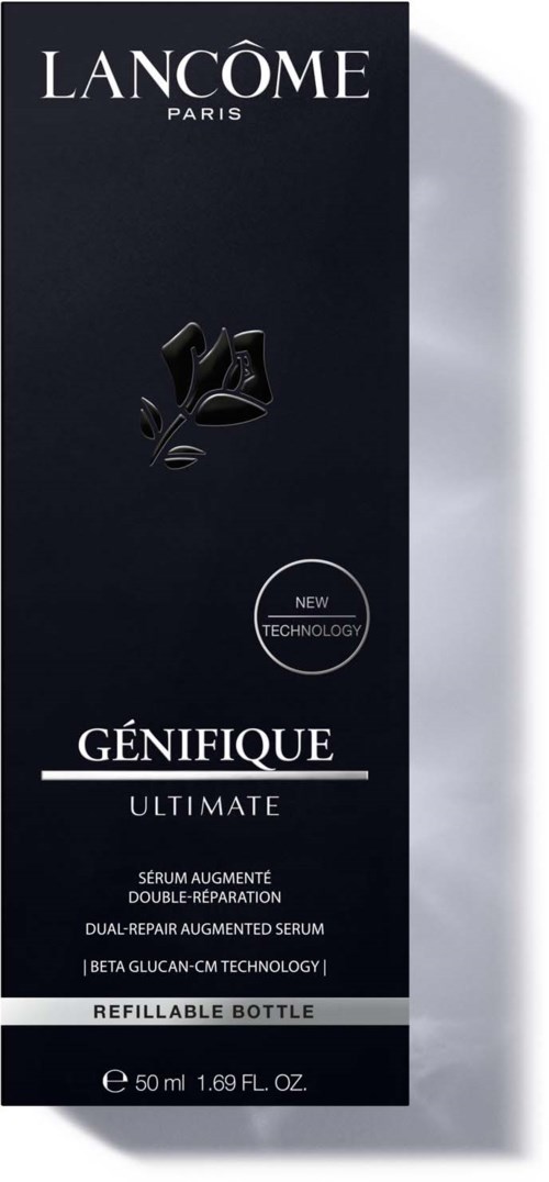 Lancôme Génifique serum förpackning med svart design, vit text, logga och en liten rund etikett om ny teknik.