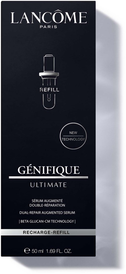 Lancôme Génifique Ultimate genopfyldningsboks til serum, med sort baggrund og hvid tekst, viser serumteknologi.