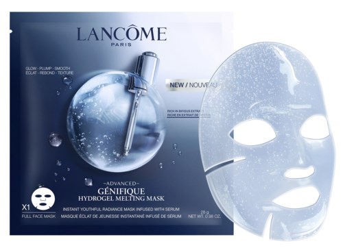 Lancôme gelmask i blå förpackning, visar ansiktsmaskblad, nämner återfuktning och ungdomlig hud.