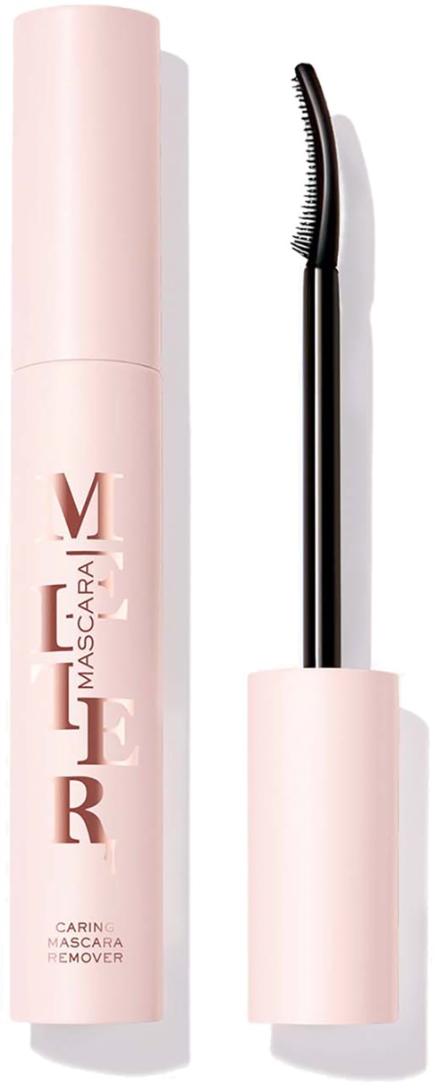 En lyserød beholder med en sort buet mascara-børste, mærket Mer Carin Mascara Remover.