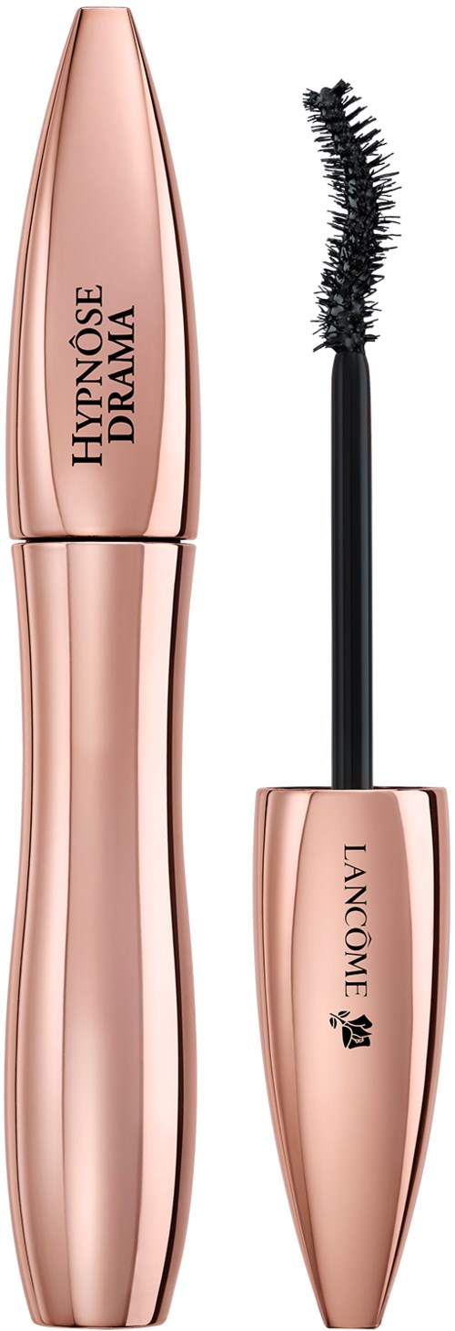 En rosen-guld mascara-rör och borste, med mascara-borsten som sticker ut från locket. Den är märkt 'HYPNÖSE DRAMA' och 'LANCÔME.'