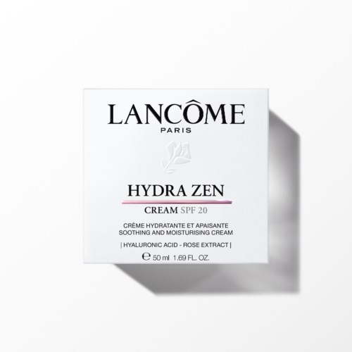 En vit box med Lancôme Hydra Zen-kräm med SPF 20, doft och ingredienser listade.