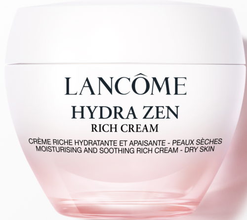 En vit och rosa burk med Lancôme Hydra Zen Rich Cream, märkt för torr hud, återfuktande och lugnande.