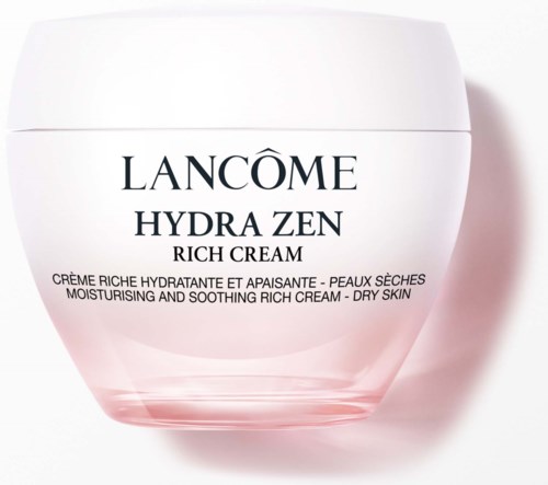 En vit burk med Lancôme Hydra Zen Rich Cream för torr hud, med svart text och rosa bas.