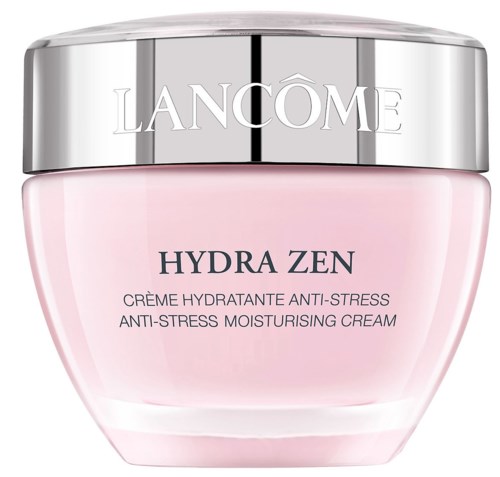 En rosa og sølv krukke med Lancôme Hydra Zen anti-stress fuktighetsgivende krem. Sølvlokke med merkevarenavn. Tekst på krukken.