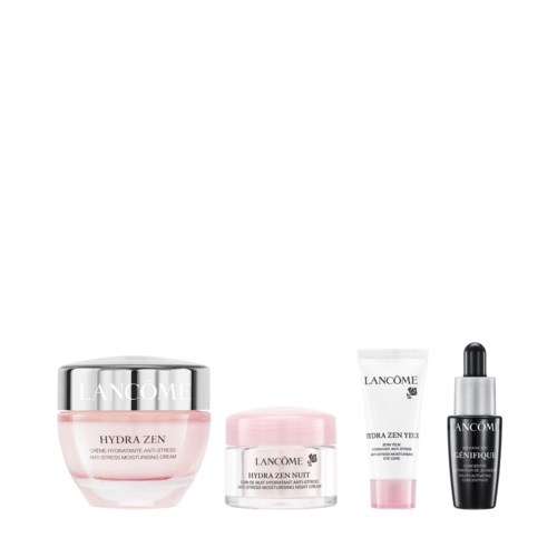 En uppsättning hudvårdsprodukter inklusive krämer och serum från Lancômes Hydra Zen-serie. Förpackningarna är rosa, vita och svarta.