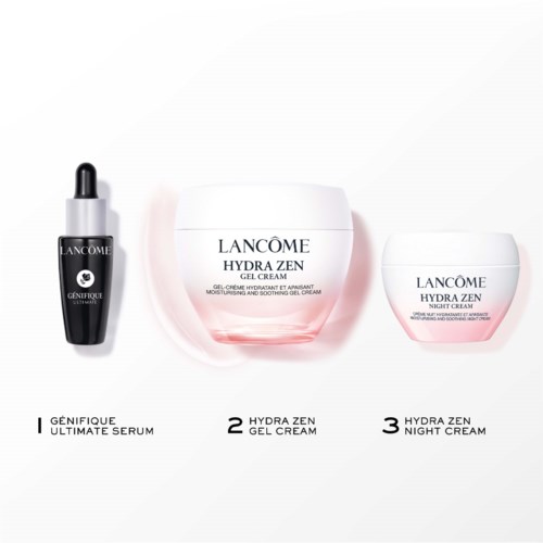 Lancôme skincare products include a serum, gel cream, and night cream with hydrating and soothing properties.