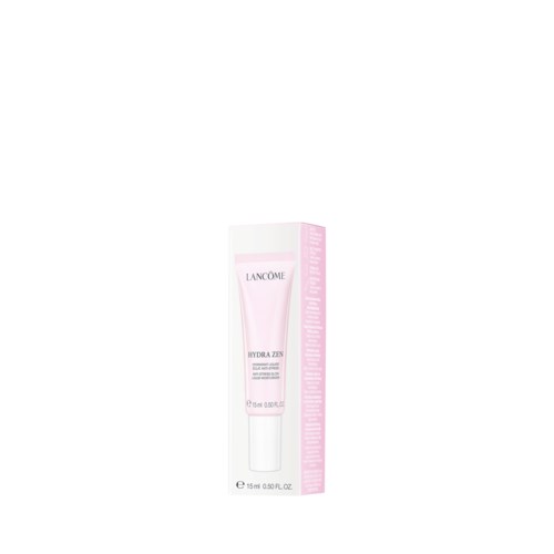 En hvid og pink hudplejeproduktboks med mærket 'Lancome Hydra Zen' indeholder en tube creme.