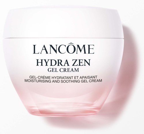 Valkoinen ja vaaleanpunainen Lancome Hydra Zen -geelvoidepurkki kosteuttavaan ja rauhoittavaan ihoon.