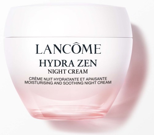 En vit burk av Lancôme Hydra Zen Night Cream med rosa bas; elegant och enkel design.